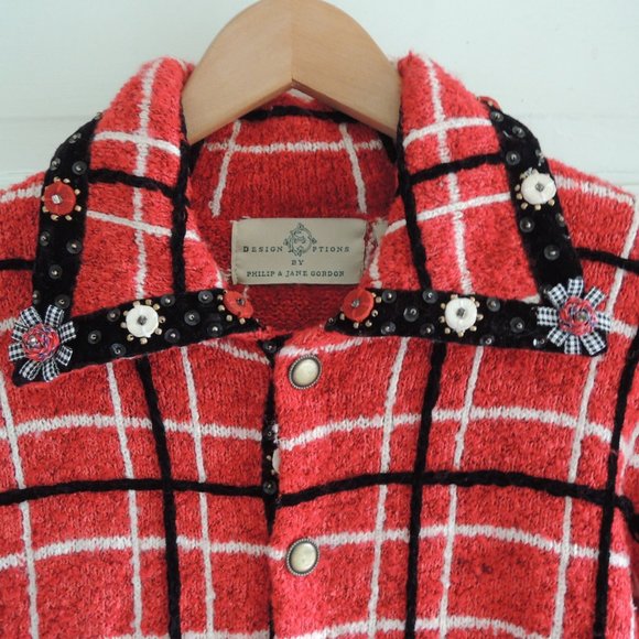 Design Options Vintage Red & White Windowpane Embellished Cardigan Jacket M - Picture 4 of 13